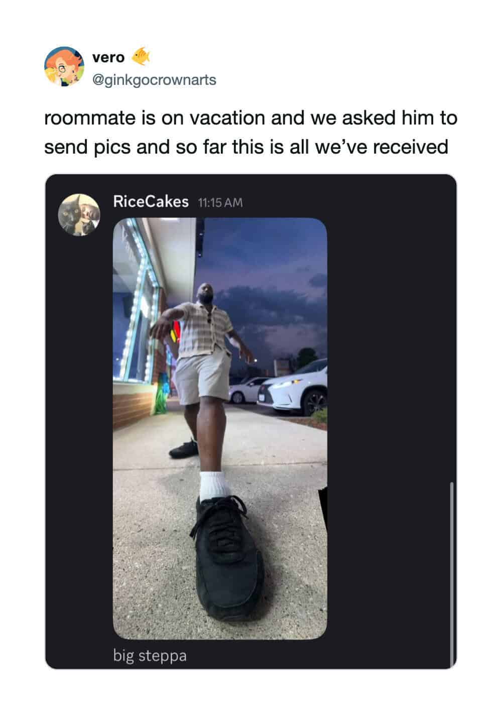 Roommate on vacation sent a picture of his leg with a big sneaker and a backpack.