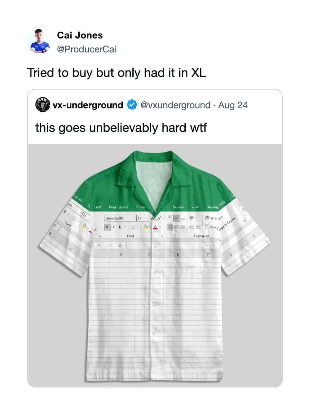 Green shirt with white spreadsheet pattern, caption about XL size.