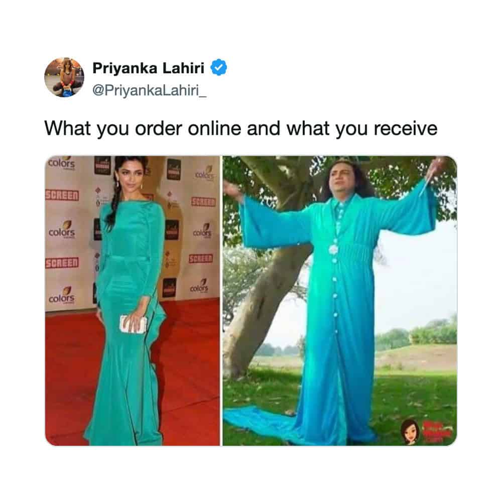 Comparison of ordered online and received item, showing a woman in a blue dress and a person in a cr.