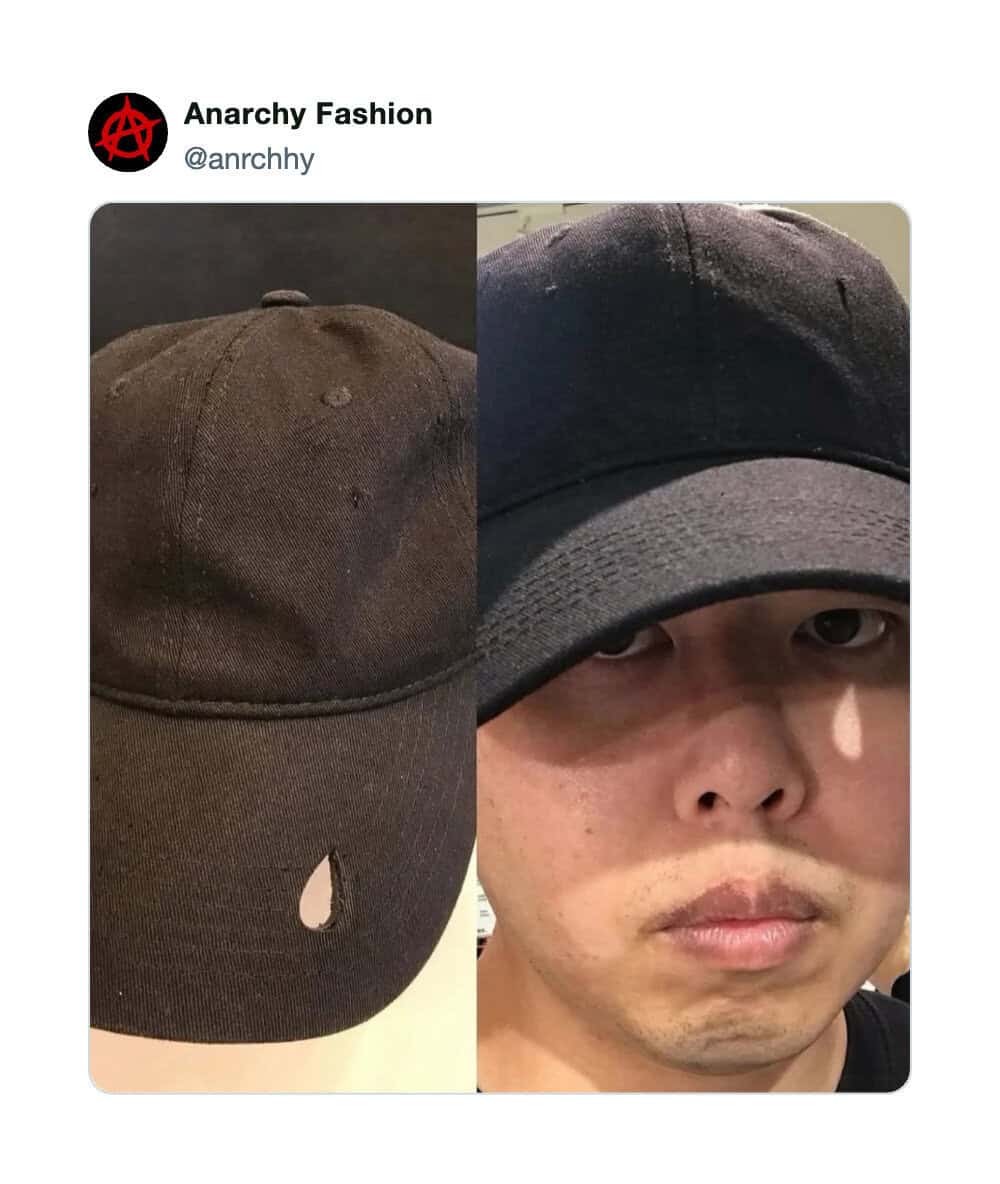 Comparison of a plain black cap and a cap worn by a person.