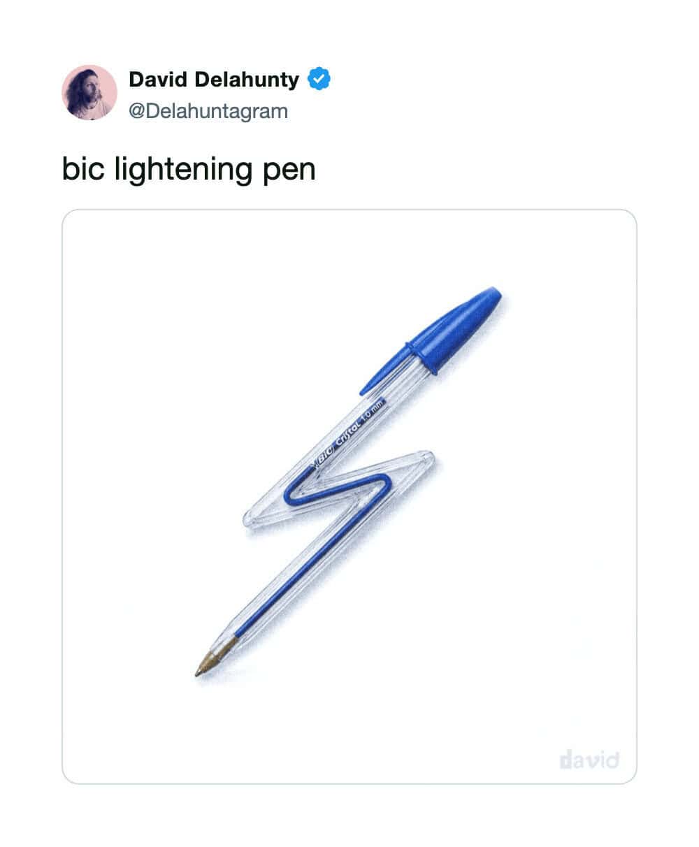 Bic lightening pen with a blue cap and a zigzag design.