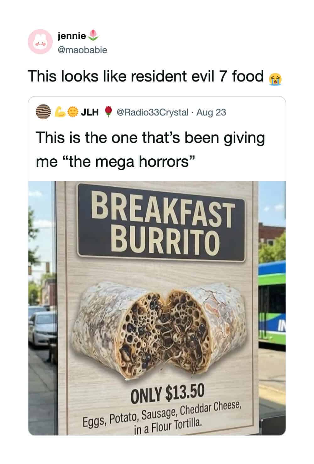 Sign advertising breakfast burrito with a photo of a burrito filled with various ingredients.