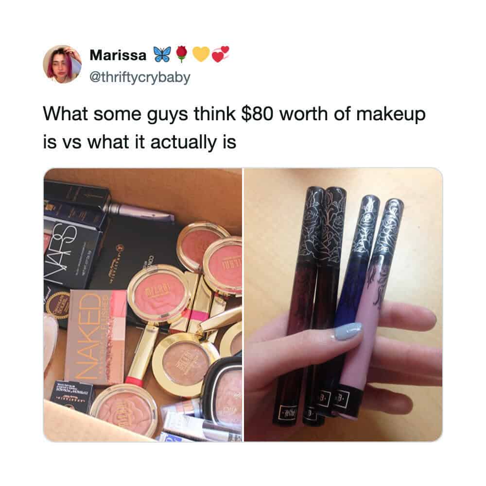 Comparison of makeup products: on the left, various makeup items; on the right, three lipsticks.