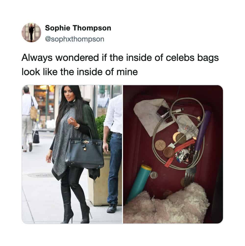 Celeb bag and inside of bag with various items including coins, a fork, and a fluffy cloth.