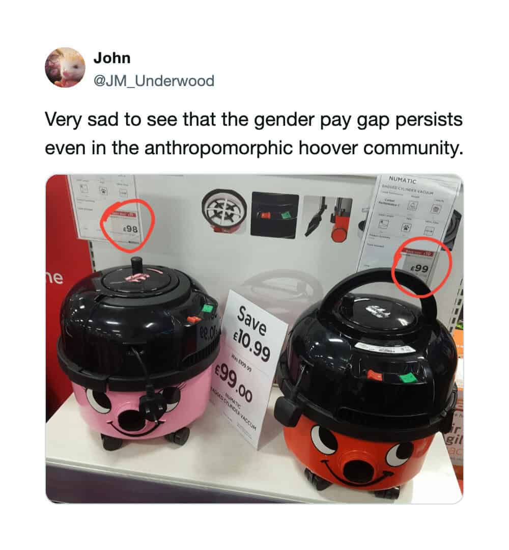 Two vacuum cleaners with gendered designs, pink and black with a face, on display.