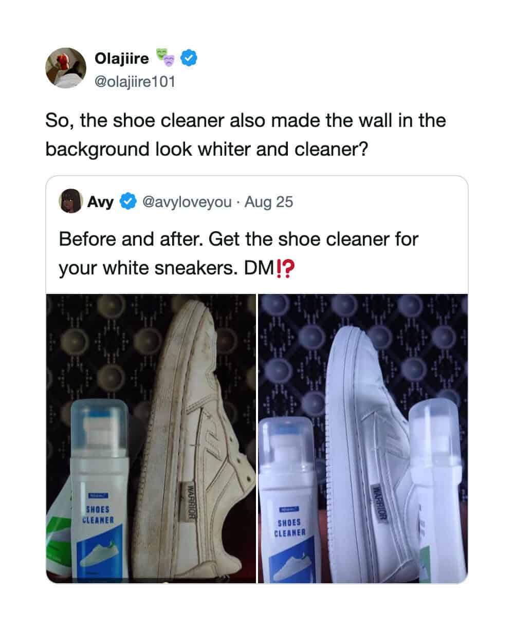 Comparison of shoes and cleaner before and after cleaning, showing a whiter wall.