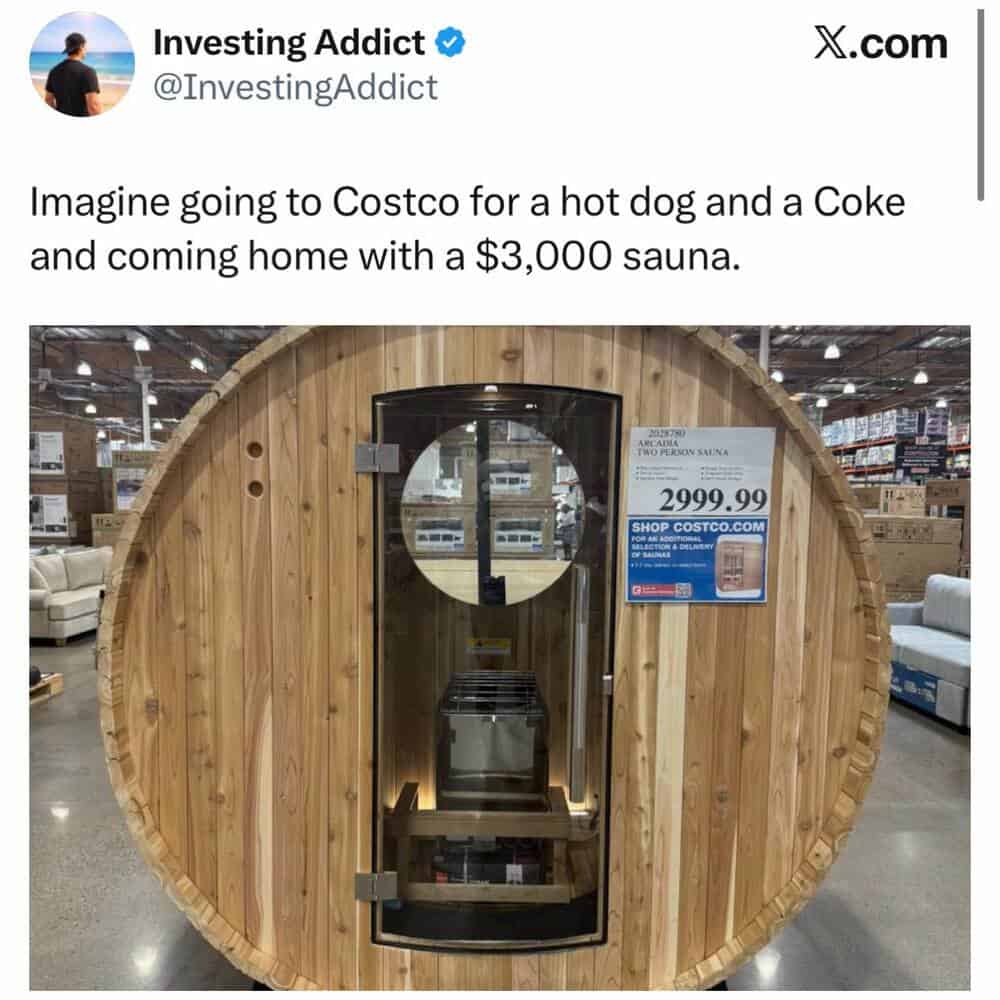 Costco sauna shaped like a giant wooden barrel with a glass door and a price tag of $2999.99.