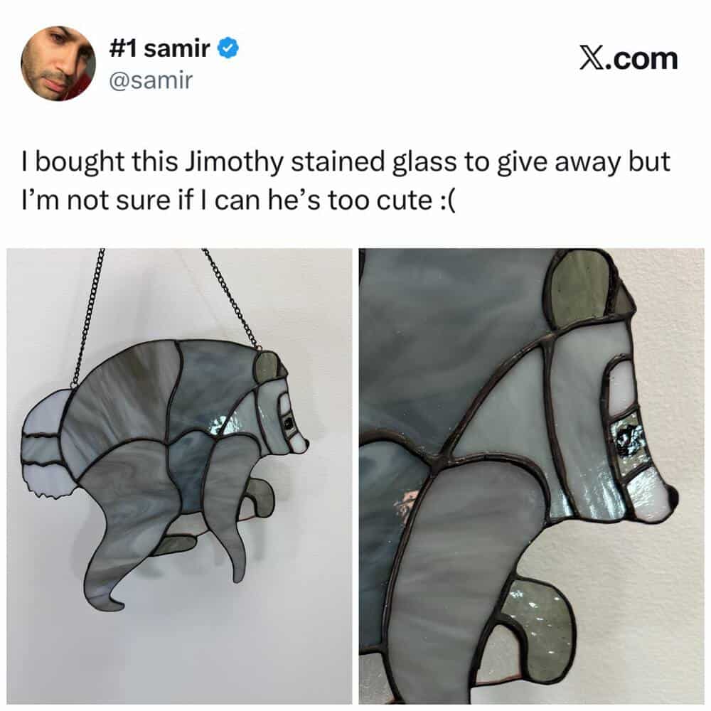 Jimothy stained glass dog hanging on wall, cute but unsure if to give away.