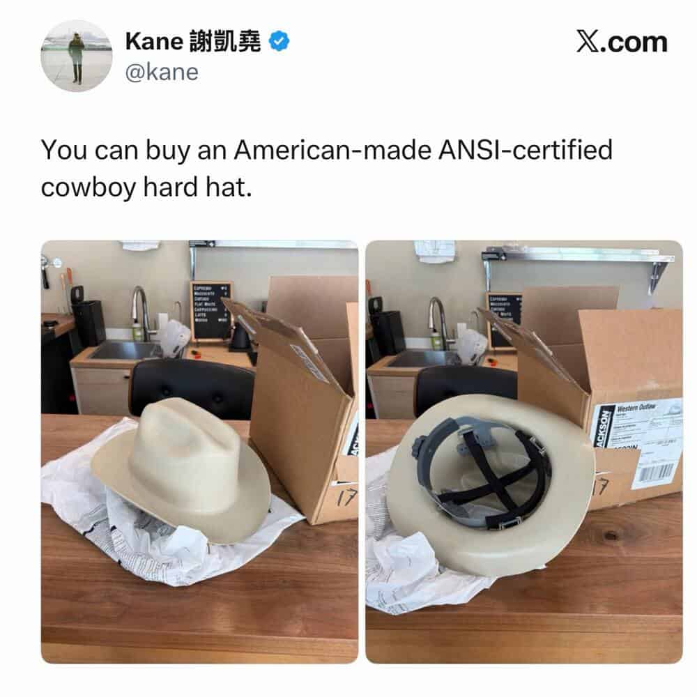 American-made ANSI-certified cowboy hat with packaging and display images.