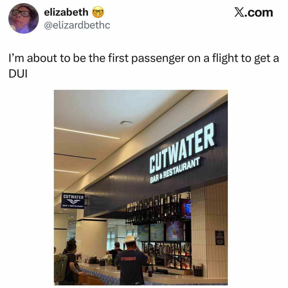 Passenger at airport bar with 'CUTWATER' sign, about to fly after DUI arrest.