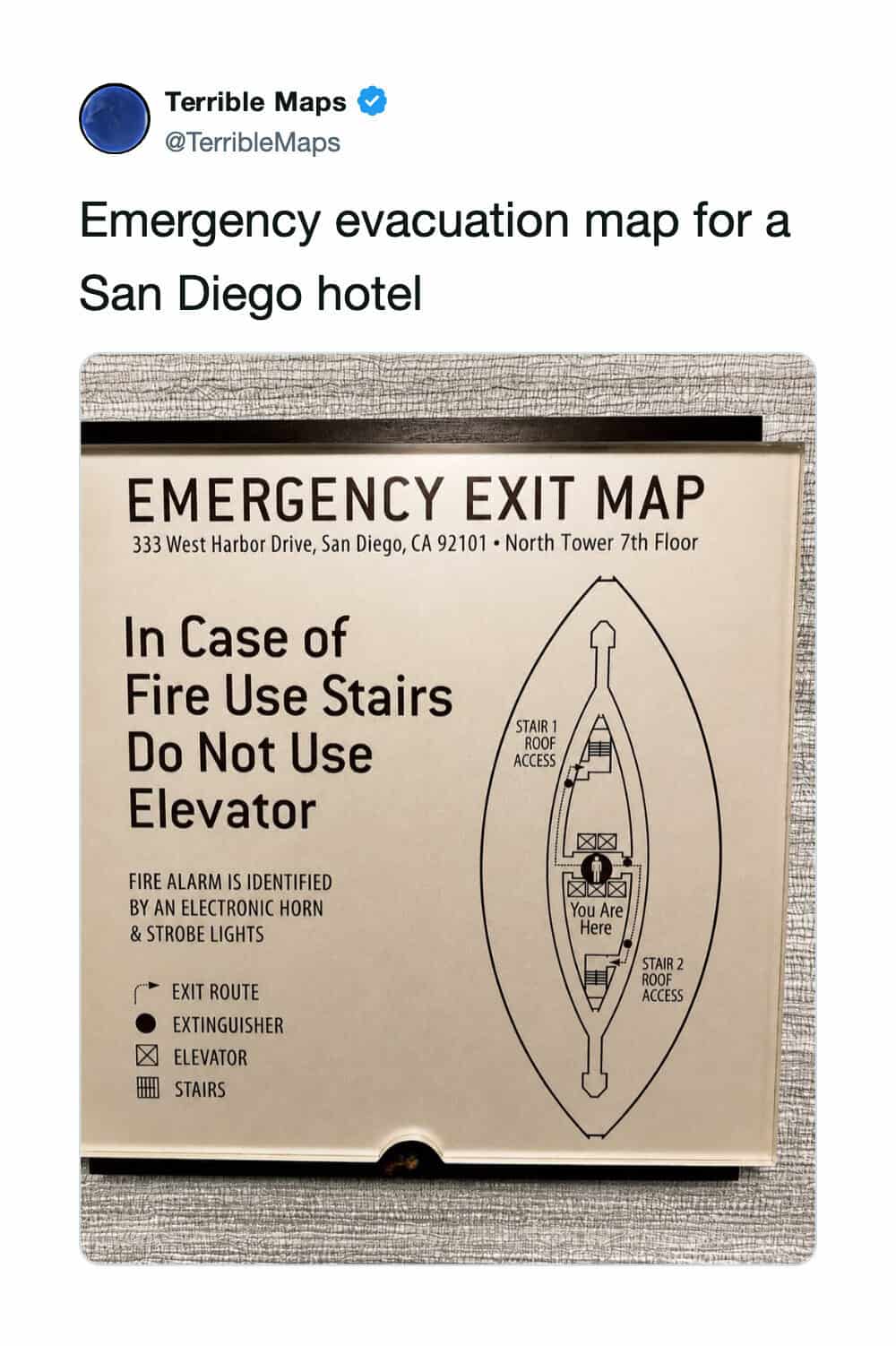 Emergency evacuation map for a San Diego hotel with fire exit instructions.