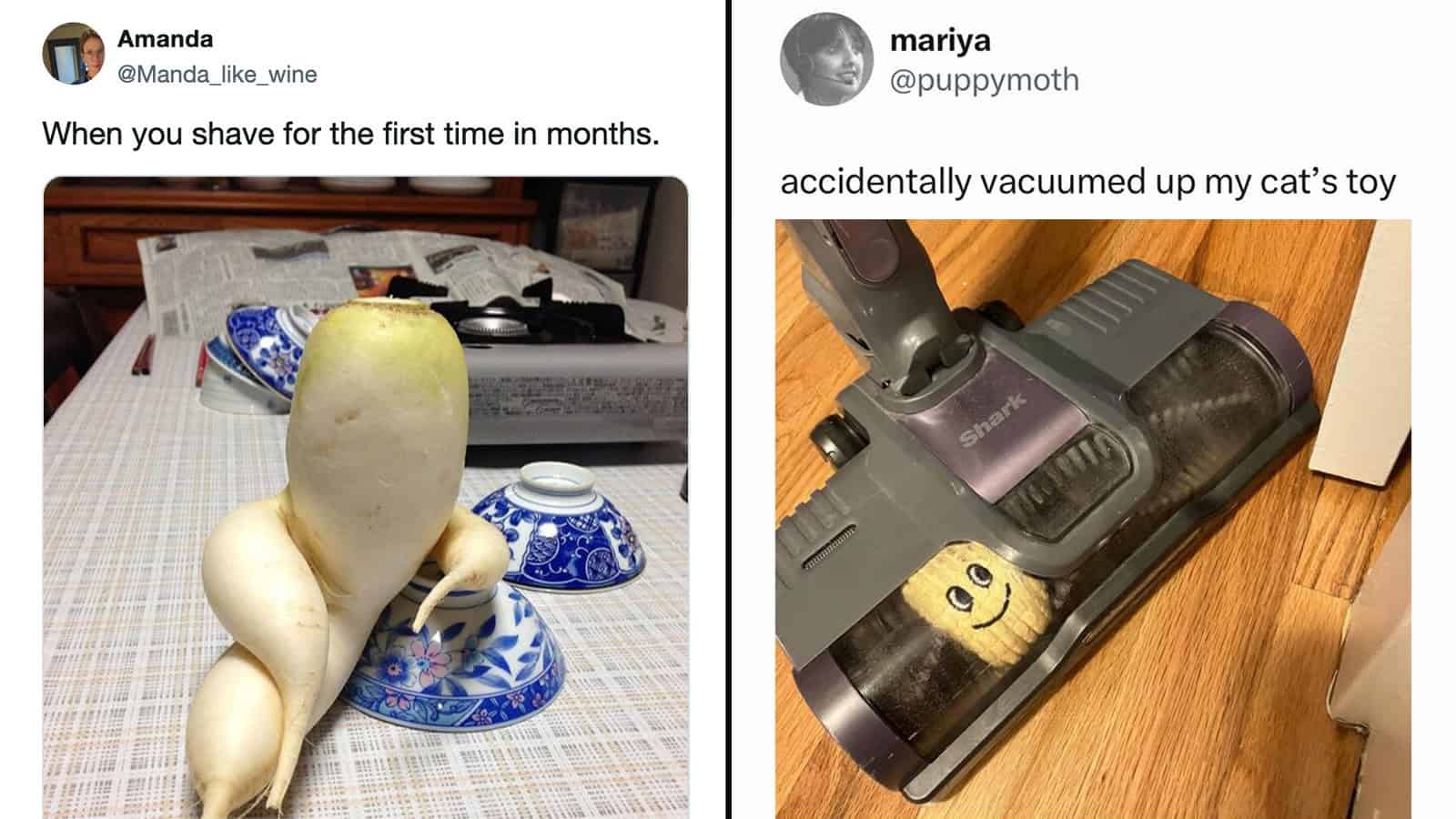 Humorous photo of a vacuum cleaner with a smiley face sticker and a toy on the floor.