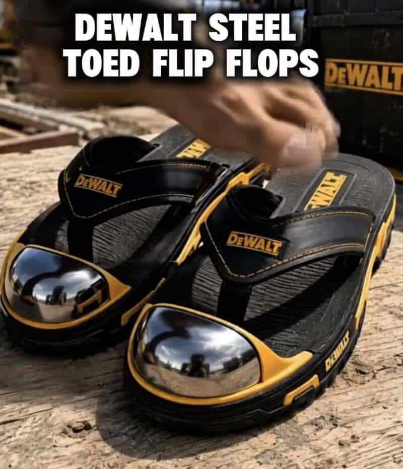 DeWalt steel toe flip flops with reflective toes and black and yellow design.
