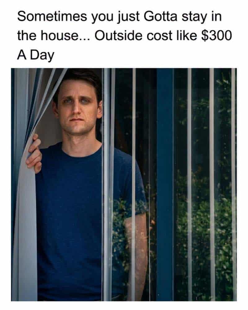 Man looking out of a window with bars, feeling sad, with text about staying home.