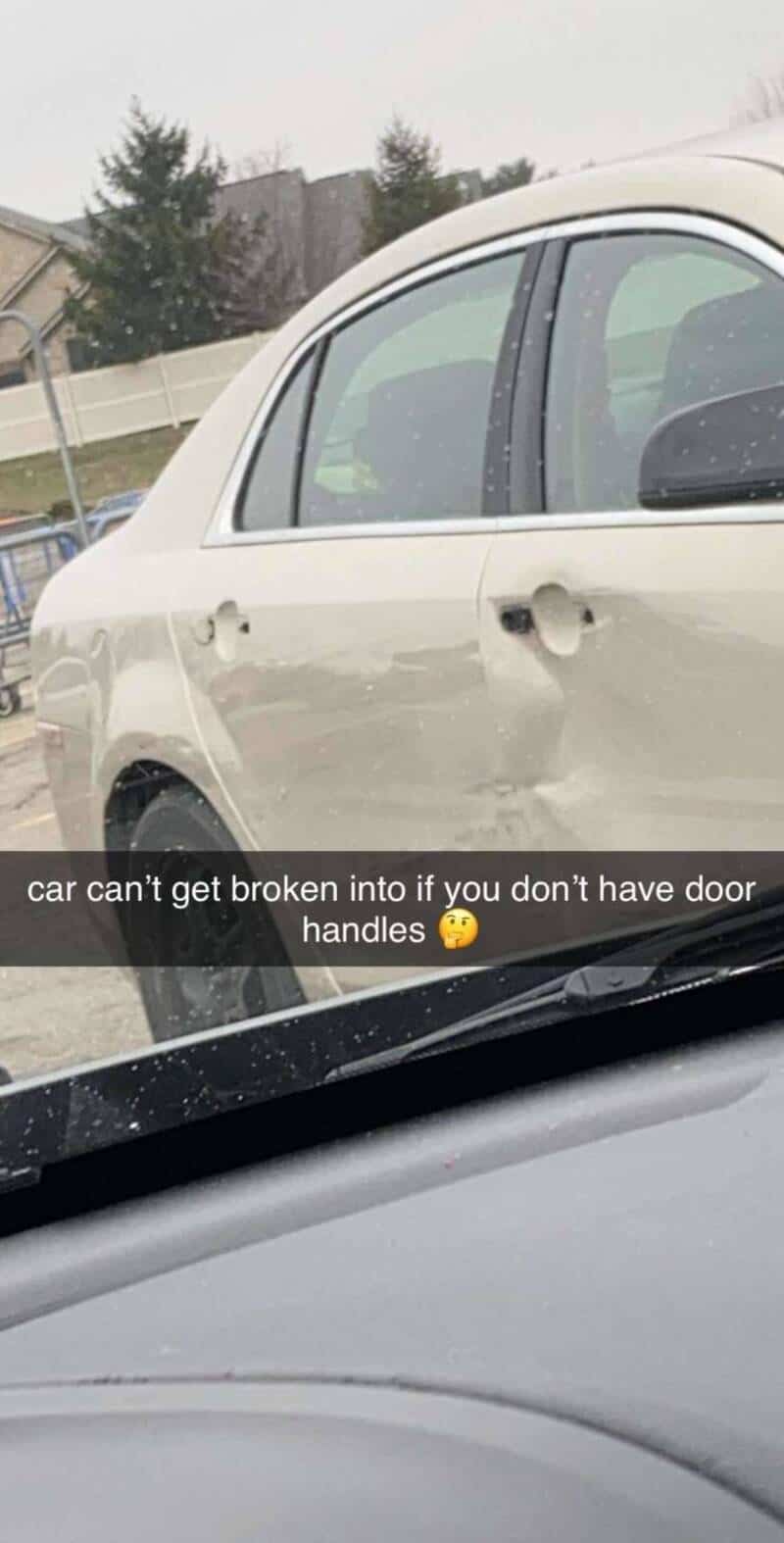 Car with broken door handle, caption about needing door handles to open doors.