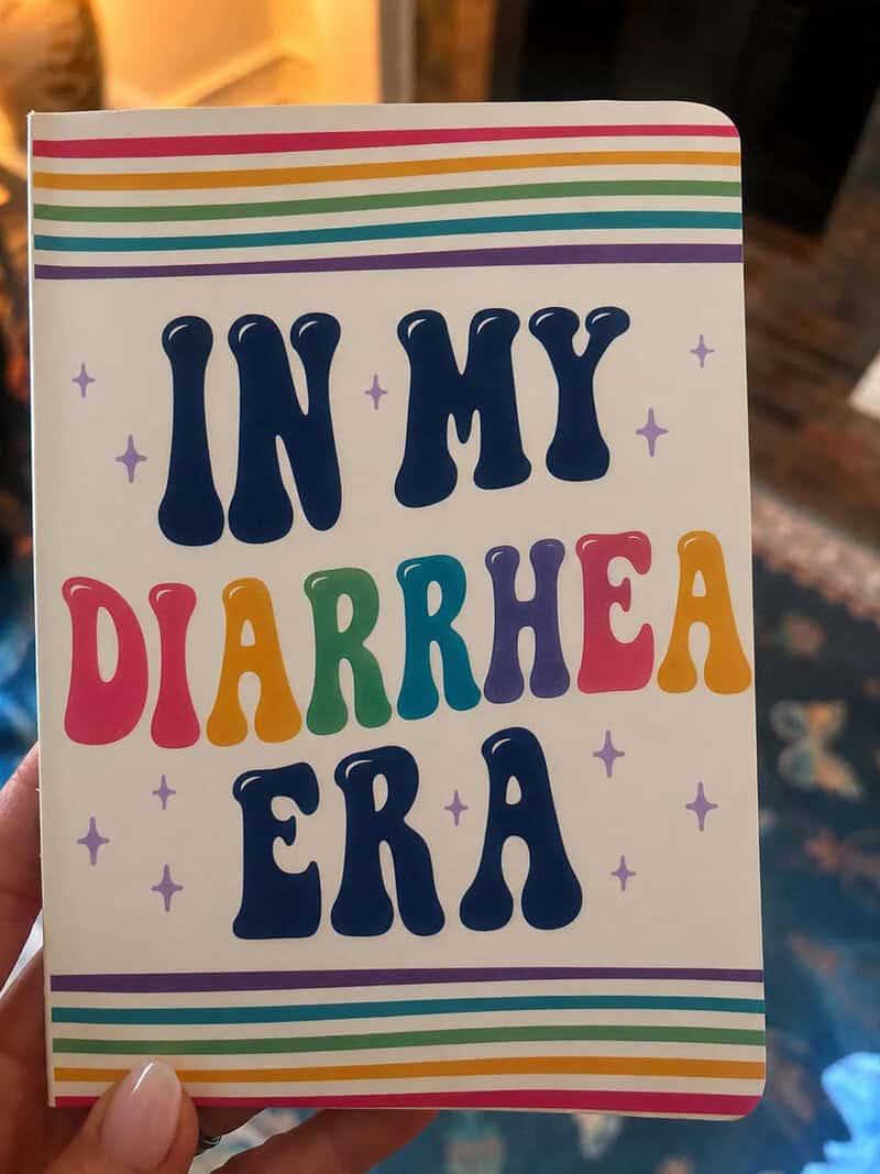 Notebook with colorful text 'IN MY DIARRHEA ERA' and rainbow stripes.