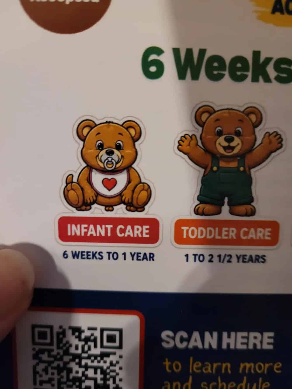 Two cartoon bears representing infant and toddler care, with age ranges and care labels.
