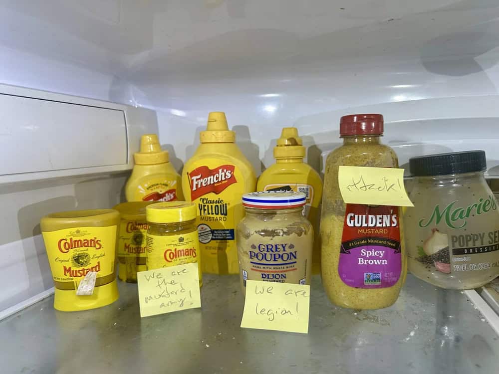 Condiments and mustard bottles with handwritten notes inside a fridge.