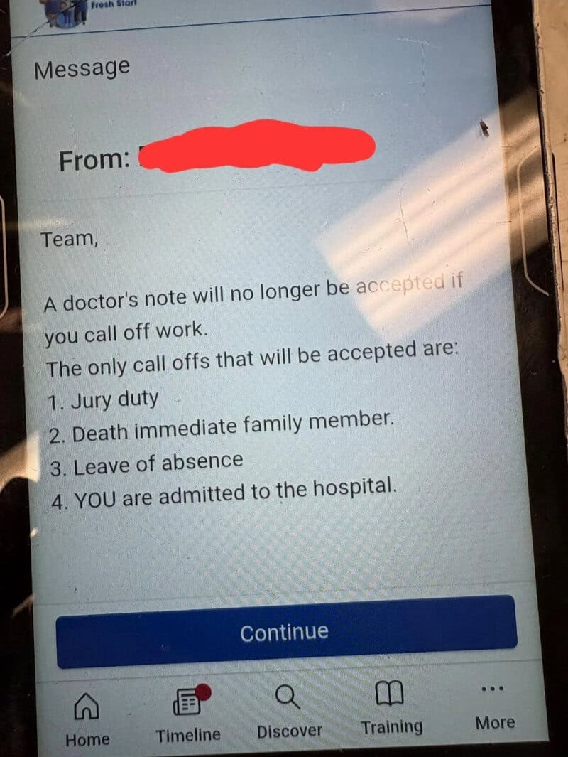 Message on phone about doctor’s note not accepted for work call off.