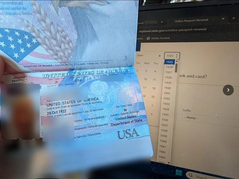 U.S. passport and a computer screen showing a 1925 calendar and online passport renewal page.