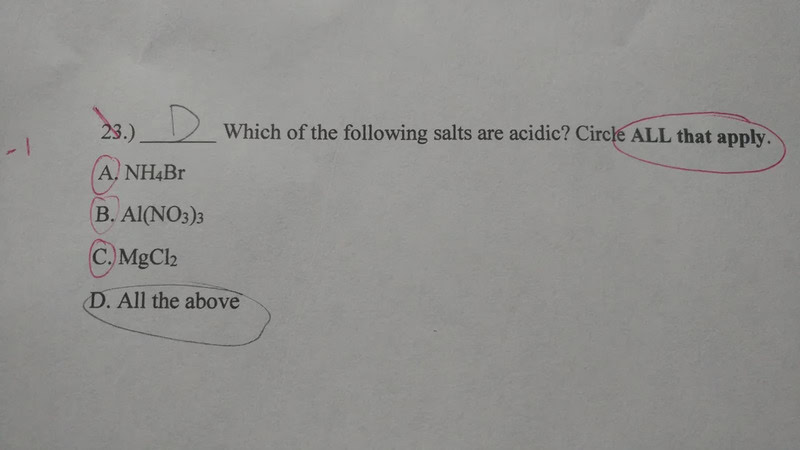 Multiple choice question about salts, with 'ALL that apply' circled.