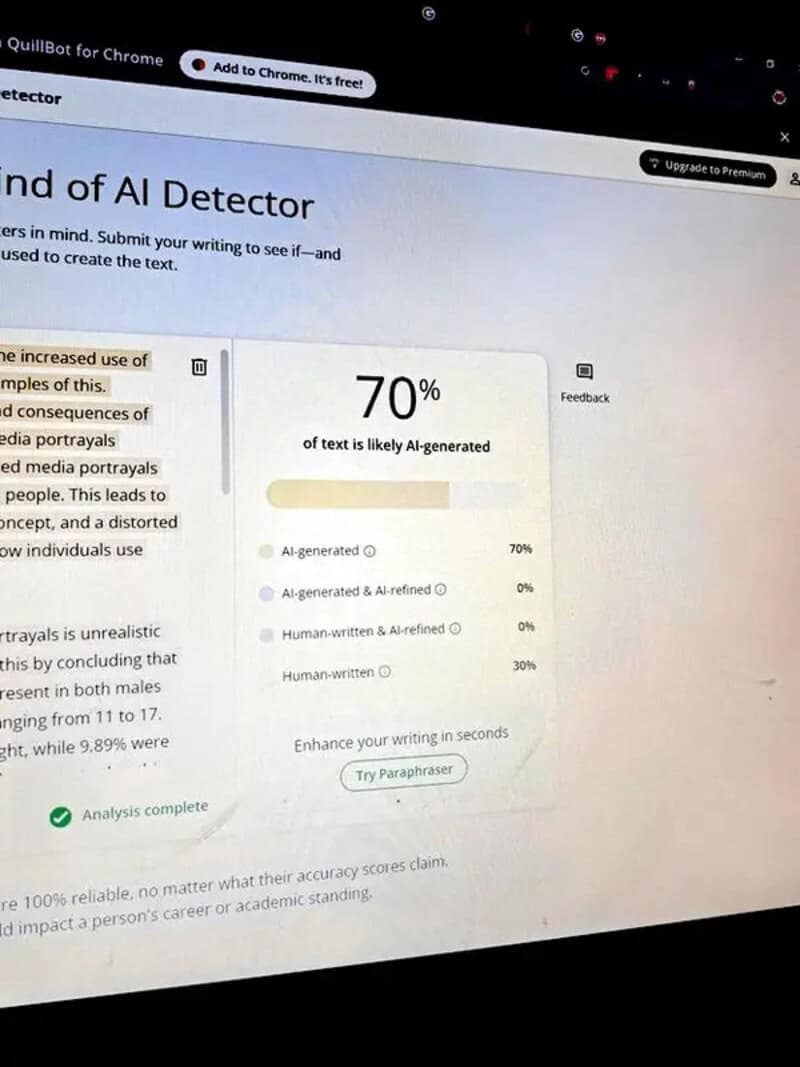 Screenshot of an AI text detector showing 70% likelihood of AI-generated text.