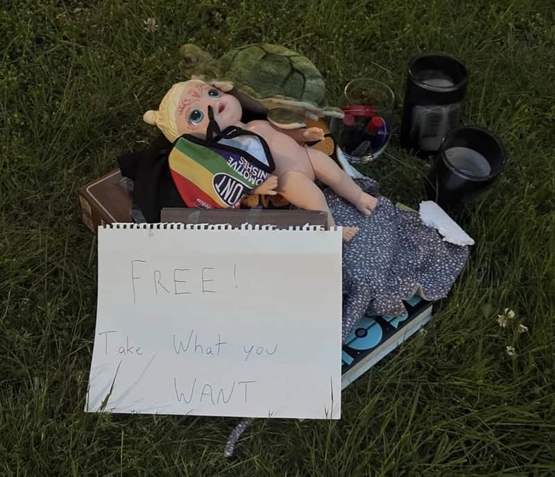 A doll, a sign, and various items on a grassy surface with a sign reading 'FREE! Take what you want'.