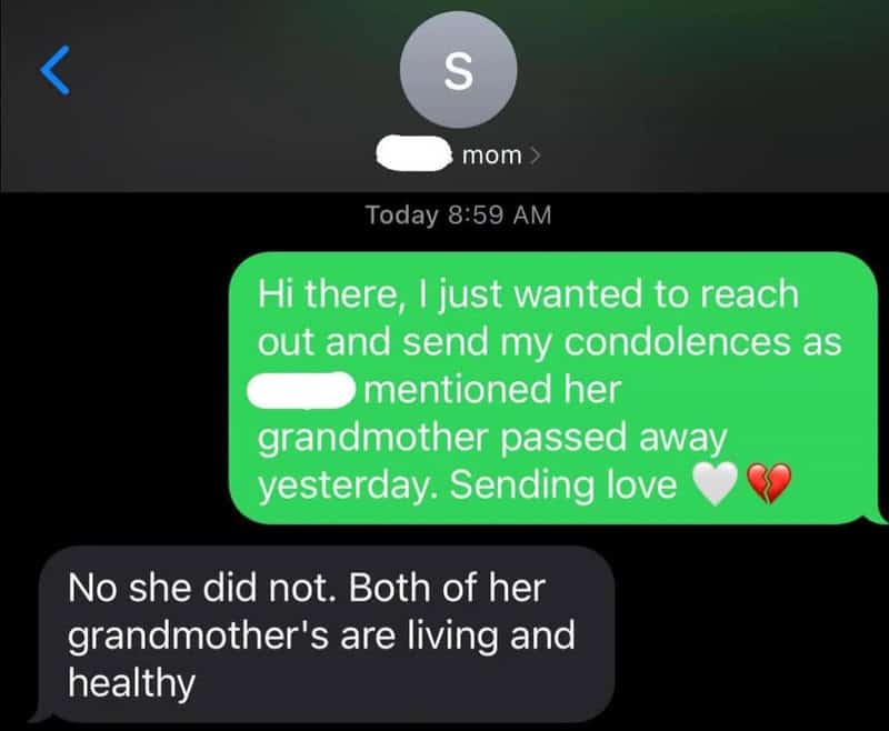Text message exchange about grandmother passing away, with a mistaken reply.