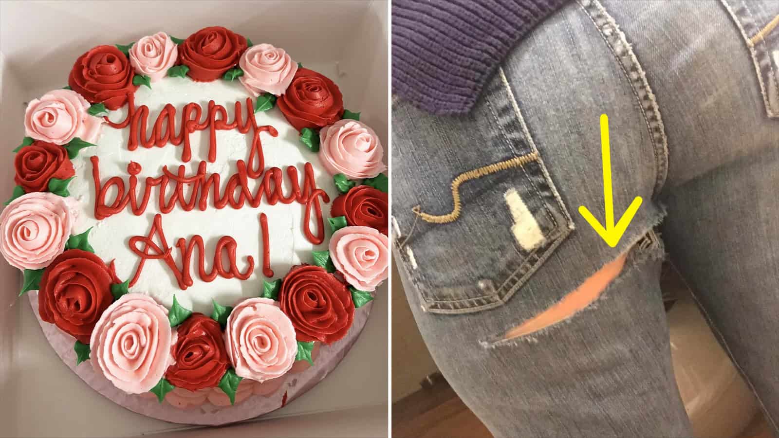 Birthday cake with roses and 'happy birthday Ana!' message, and a close-up of ripped jeans with a pe.