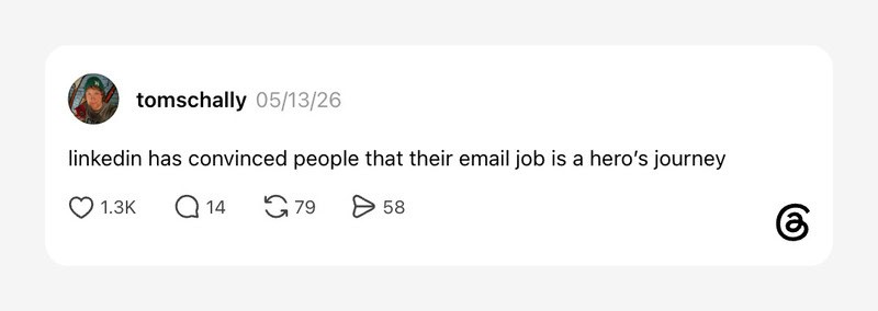 LinkedIn post by tomschally about email jobs and hero's journey.