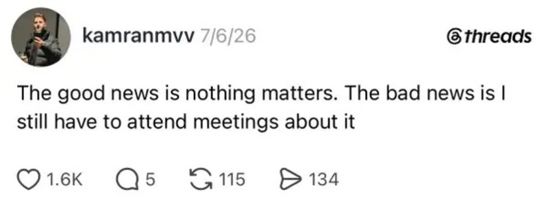A person holding a phone with a quote about news and meetings.