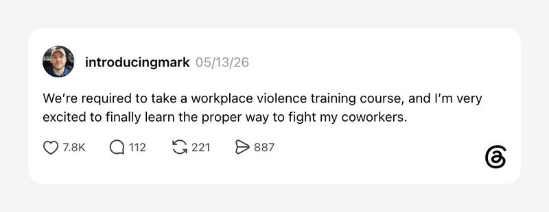 A social media post about workplace violence training, posted by introducingmark on 05/13/26.