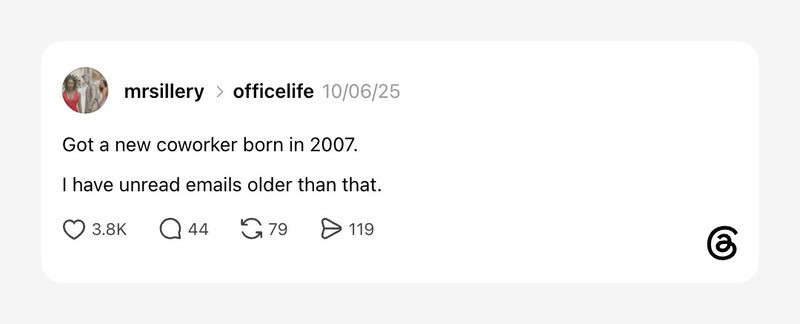 Screenshot of a social media post about a coworker born in 2007.