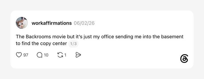 Office basement with copy center, referencing Backrooms movie.