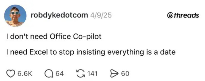 Screenshot of a social media post with text about Excel and Office Co-pilot.