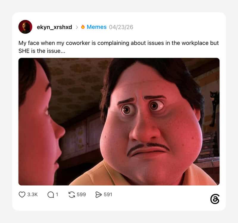 Memes image showing a cartoon character with a large face and a worried expression.