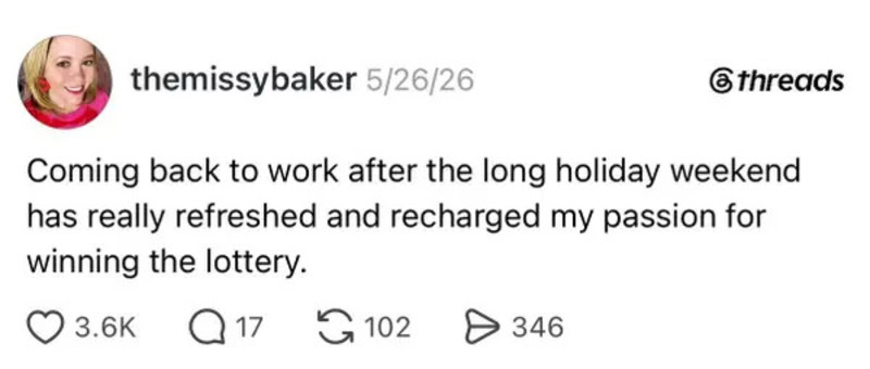 A woman with blonde hair smiling, social media post about returning to work after holidays.