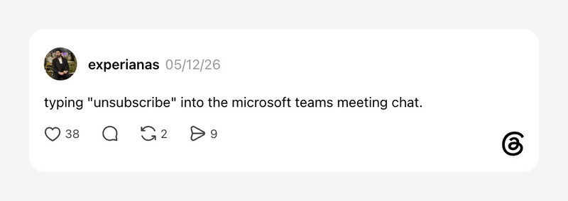 Typing 'unsubscribe' into Microsoft Teams meeting chat.