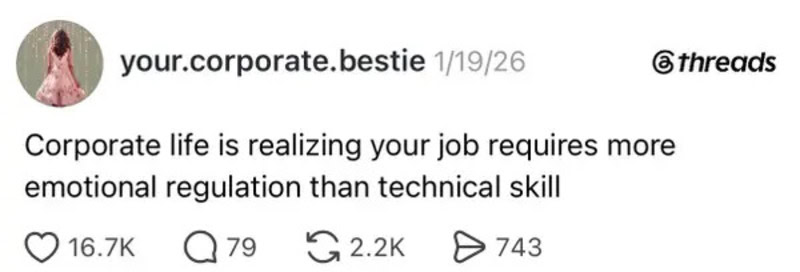 Corporate life is realizing your job requires more emotional regulation than technical skill.