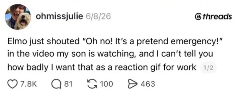 Elmo shouts 'Oh no! It's a pretend emergency!' in a video watched by a child.