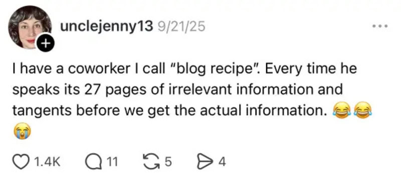 A humorous social media post about a coworker called 'blog recipe'.