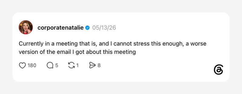 Screenshot of a social media post by corporate_natalie about a stressful meeting.
