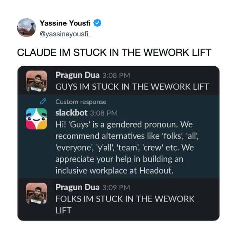 Yassine Yousfi's tweet about being stuck in the WeWork lift.