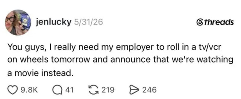 Social media post about watching a movie instead of working.