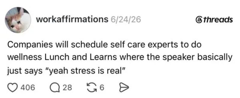 Companies will schedule self care experts to do wellness Lunch and Learns where the speaker says 'ye.