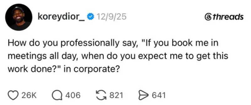 A social media post with a quote about professional communication and meetings.