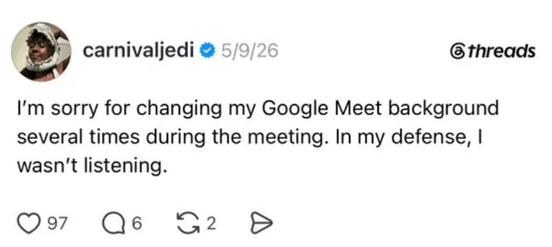 Carnival Jedi's tweet about changing Google Meet background during a meeting.