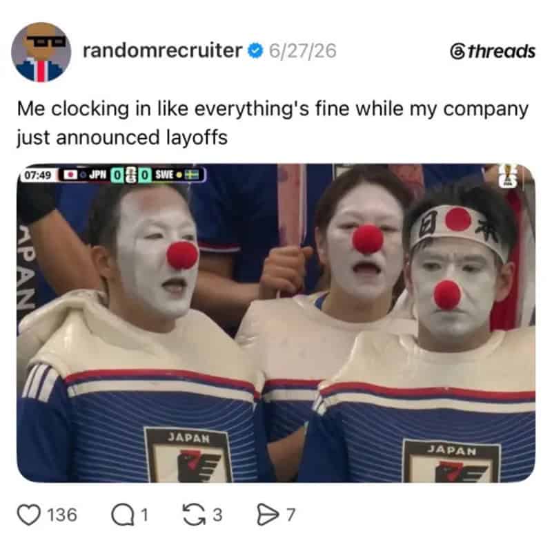 People dressed as clowns with white face paint and red noses, wearing Japan-themed costumes.