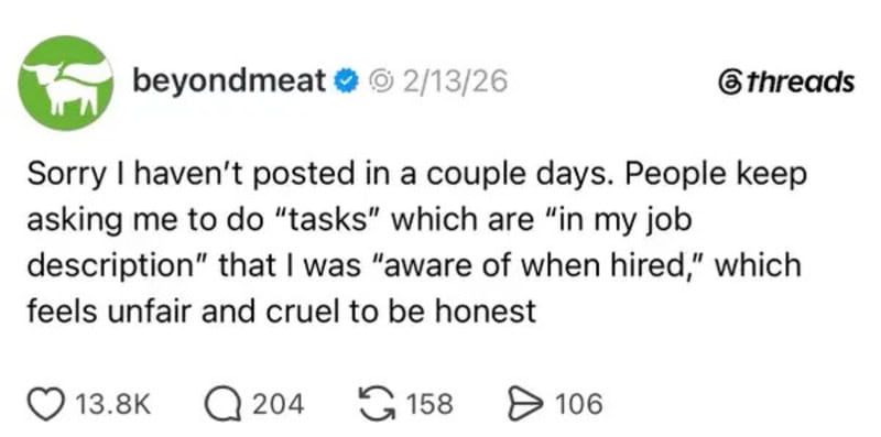 Twitter post by beyondmeat about tasks and job description.