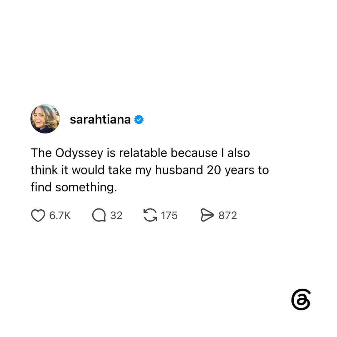 Instagram post by sarah.tiana about The Odyssey and her husband.